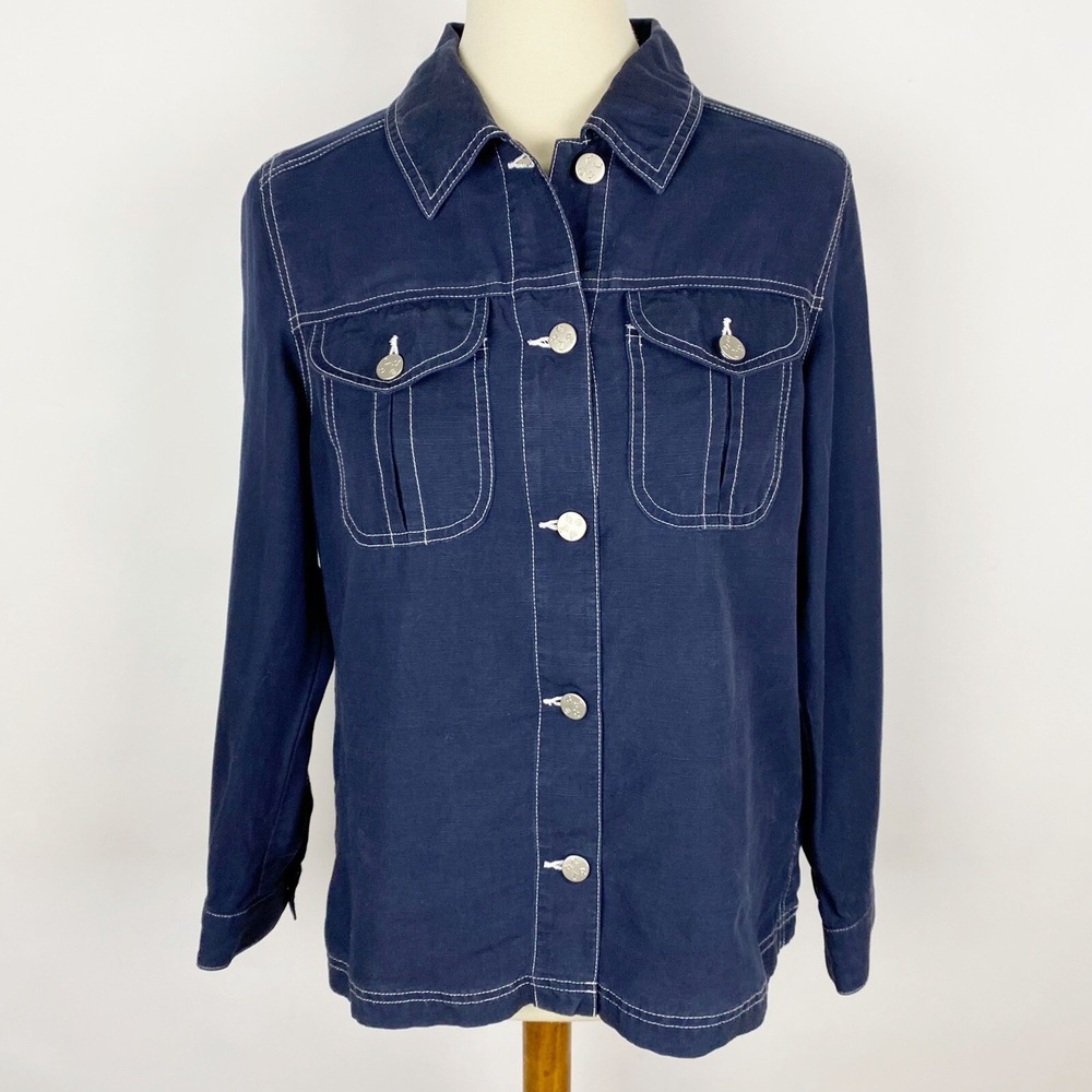 Sigrid Olsen SO Blue Contrast Stitch‎ Linen Blend Utility Jacket Womens S Navy